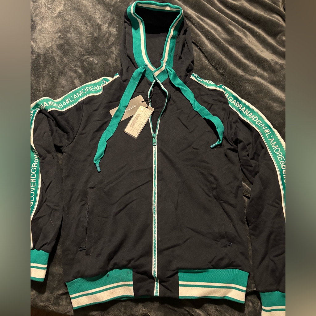 Dolce & Gabbana Black Hoodie Jacket With Teal Trim